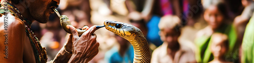 Snake Charmer's Dance: A traditional snake charmer playing a pipe, hypnotizing a cobra in front of an audience. photo