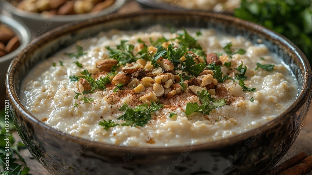 Delicious close-up of oatmeal topped with herbs and nuts in a cozy kitchen setting Delicious close-up of oatmeal topped with herbs and nuts in a cozy kitchen setting