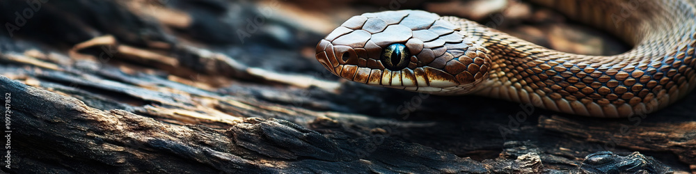 Sleek Serpent: A close-up of a snake, elegantly curled around a wooden log. Sleek Serpent: A close-up of a snake, elegantly curled around a wooden log.