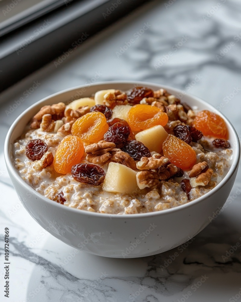Creamy oatmeal bowl topped with dried fruits and nuts for a healthy breakfast option Creamy oatmeal bowl topped with dried fruits and nuts for a healthy breakfast option