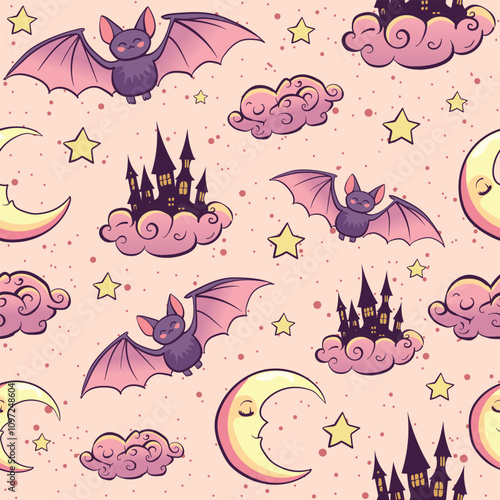 Occult and wiccan seamless pattern with bats, moon, stars and cloud castles. Magic pink repeat background with witchery elements.