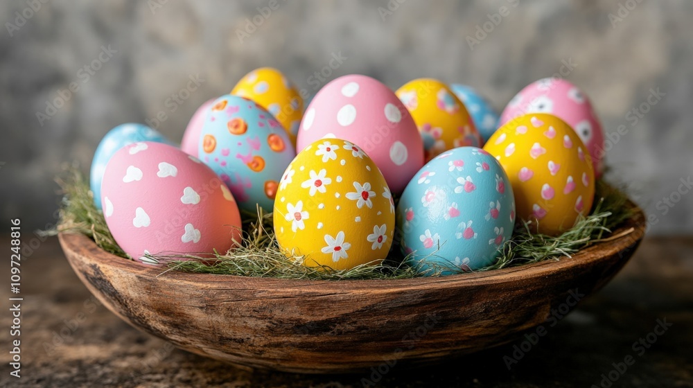 Fototapeta premium Colorful Easter Eggs in a Rustic Bowl with Floral Designs