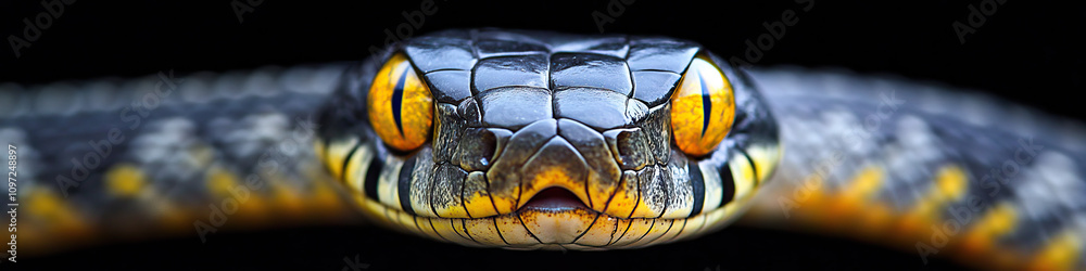 A snake with its head raised, showing its distinctive hood and piercing yellow eyes. A snake with its head raised, showing its distinctive hood and piercing yellow eyes.
