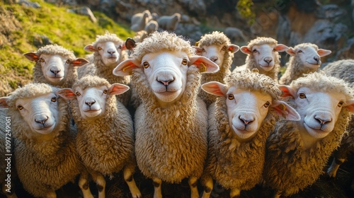 Group of sheep gathering on a sunny hillside in a picturesque rural setting