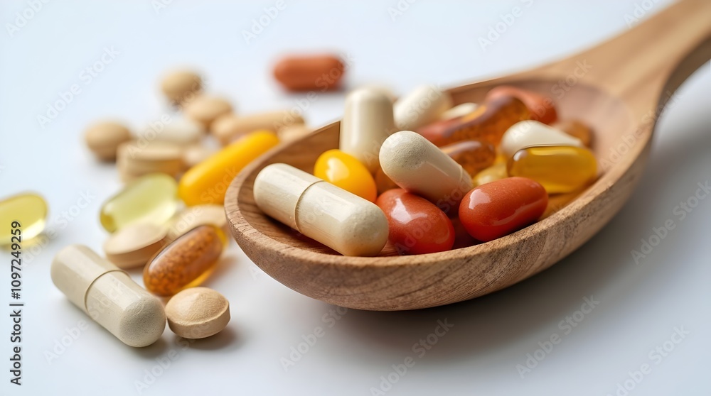 full of pills and capsules in a spoon on the table. full of pills and capsules in a spoon on the table.
