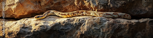 Serpentine Patterns: A snake basking on a rock, its skin pattern visible in the sunlight.