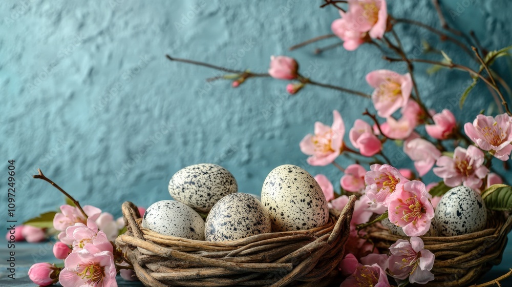 Charming Nest of Speckled Eggs Surrounded by Cherry Blossoms Charming Nest of Speckled Eggs Surrounded by Cherry Blossoms