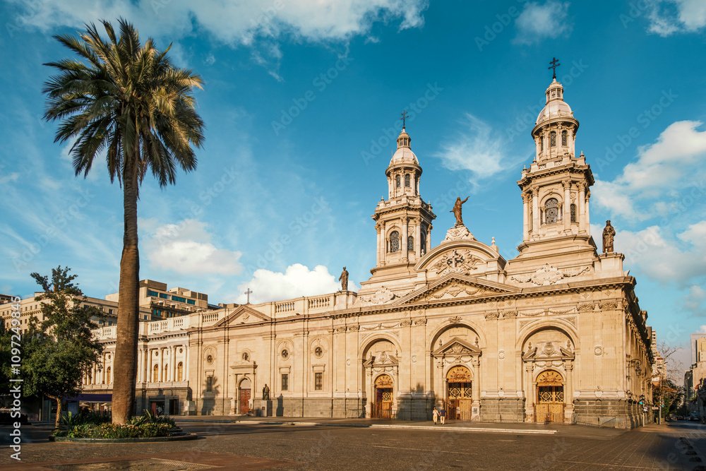 The exterior of the Metropolitan Cathedral of Santiago, Chile, facing Plaza de Armas. The original cathedral was built from 1748 to 1800 (with subsequent alterations) of a neoclassical design. The exterior of the Metropolitan Cathedral of Santiago, Chile, facing Plaza de Armas. The original cathedral was built from 1748 to 1800 (with subsequent alterations) of a neoclassical design.