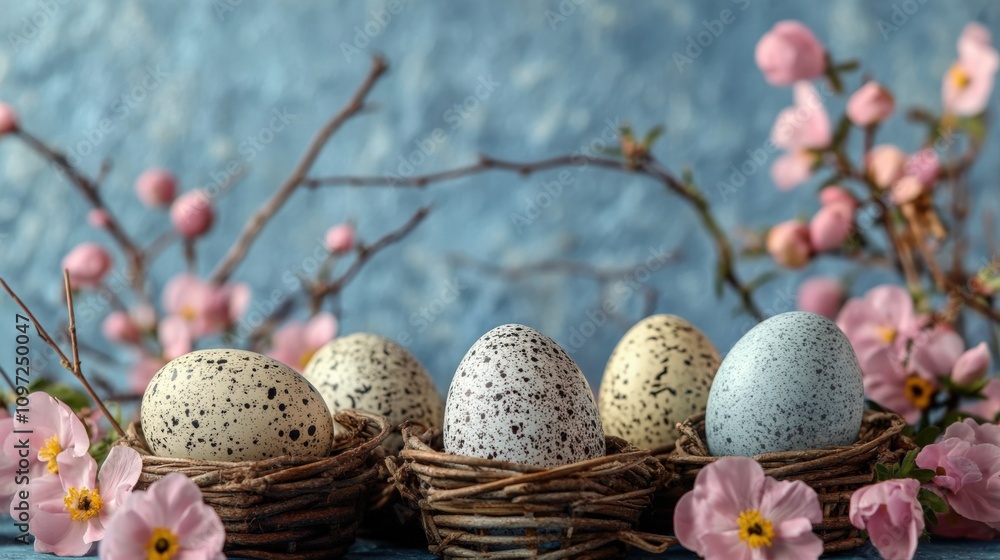 Beautiful Spring Nest Display with Colorful Eggs and Cherry Blossoms Beautiful Spring Nest Display with Colorful Eggs and Cherry Blossoms