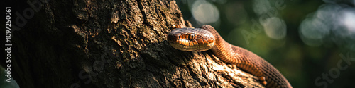 A snake climbing up a tree trunk, its muscular body gripping the bark tightly.