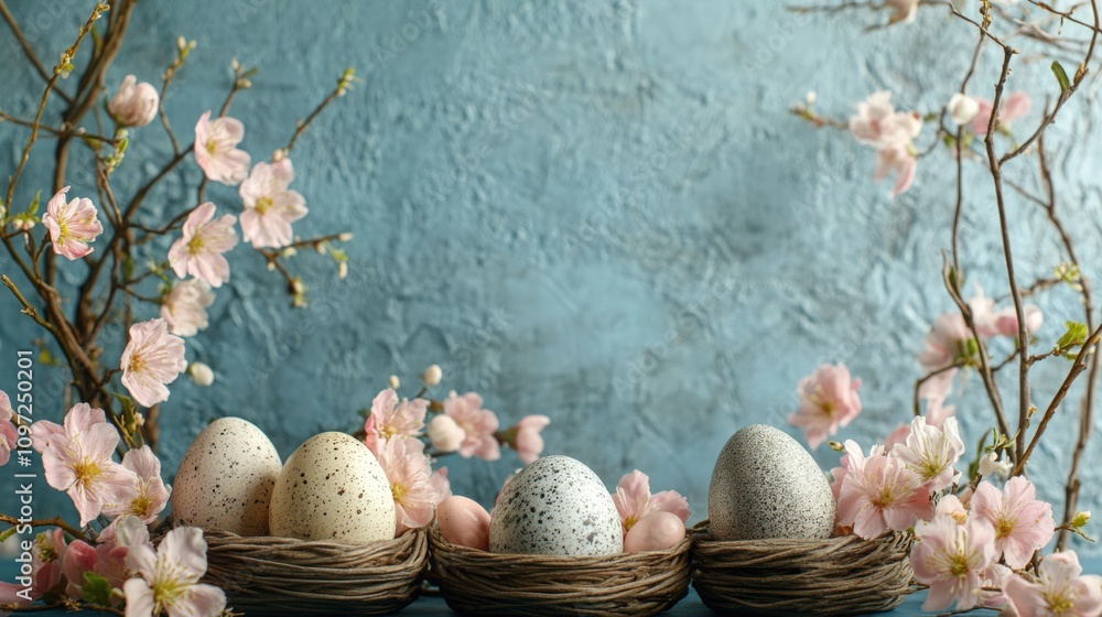Beautiful Easter Egg Display with Blossoming Flowers and Nesting Baskets Beautiful Easter Egg Display with Blossoming Flowers and Nesting Baskets