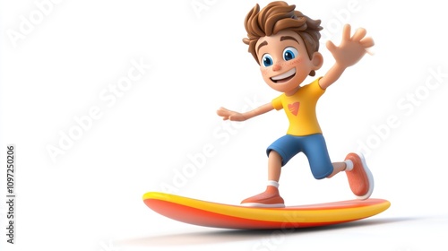 A cheerful cartoon boy riding a surfboard with a big smile and outstretched hand.