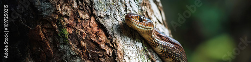 A snake climbing up a tree trunk, its muscular body gripping the bark tightly.