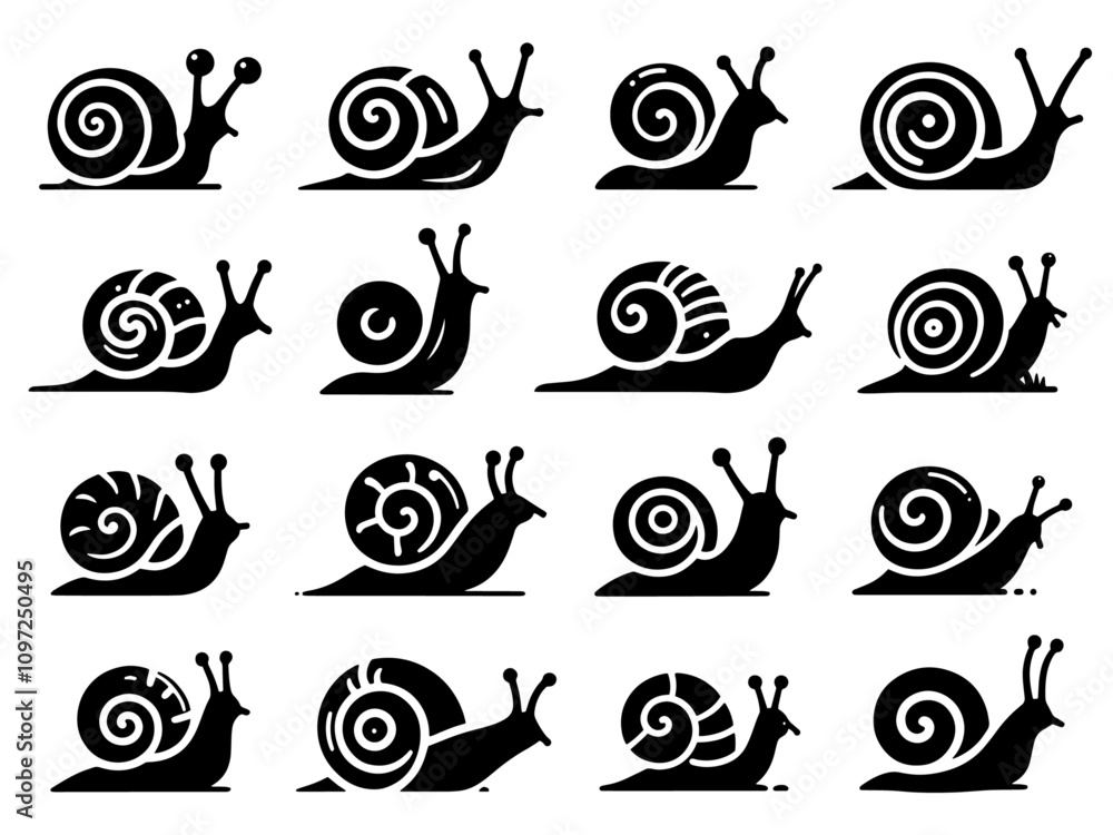 Collection of Sixteen Snails silhouettes: A Diverse Array of Mollusk Illustrations Collection of Sixteen Snails silhouettes: A Diverse Array of Mollusk Illustrations