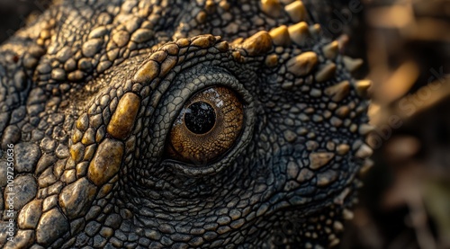 Close-up of a reptile's eye with textured skin.