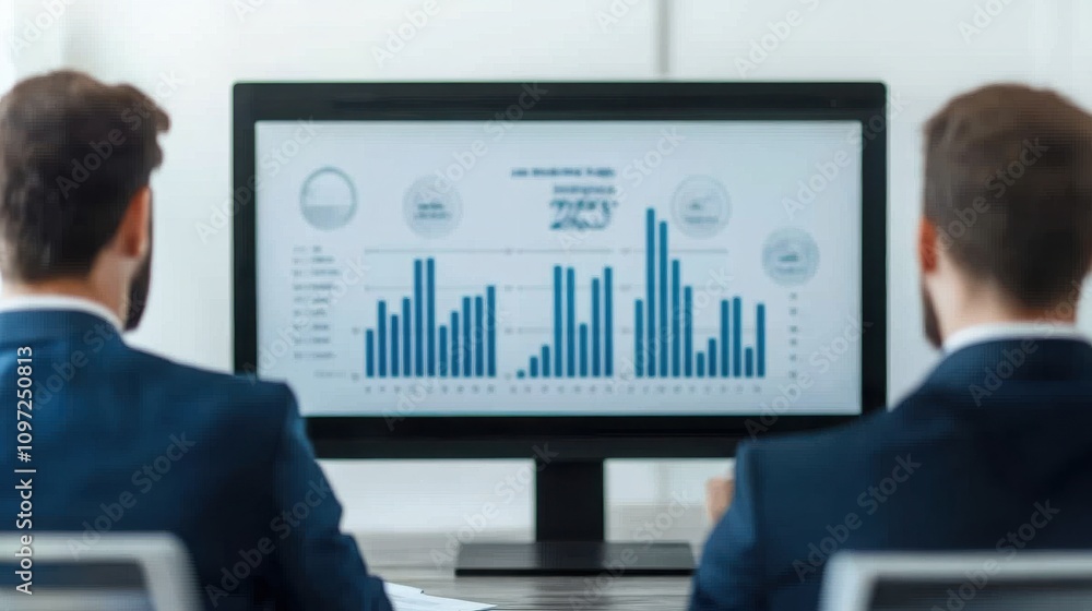 Two business professionals analyze data on a screen, focusing on statistics to drive decisions and improve strategies. Two business professionals analyze data on a screen, focusing on statistics to drive decisions and improve strategies.