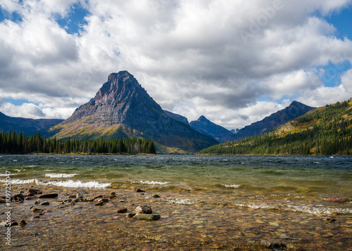 lake in the mountains, Two Medicine Lake with Sinopah Mountain. Glacier National Park, Montana. photo