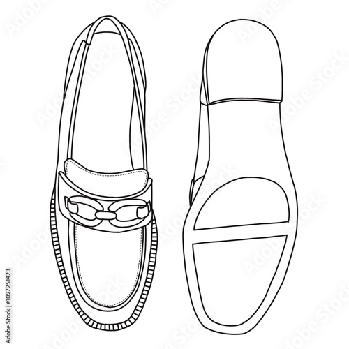 Women's Loafer Slip On Shoes Line art, Technical sketch hand drawing outline vector doodle  top and bottom view isolated on white background for coloring page