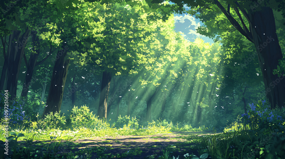 Obraz premium Sunbeams are filtering through trees in a lush green forest, creating a magical atmosphere