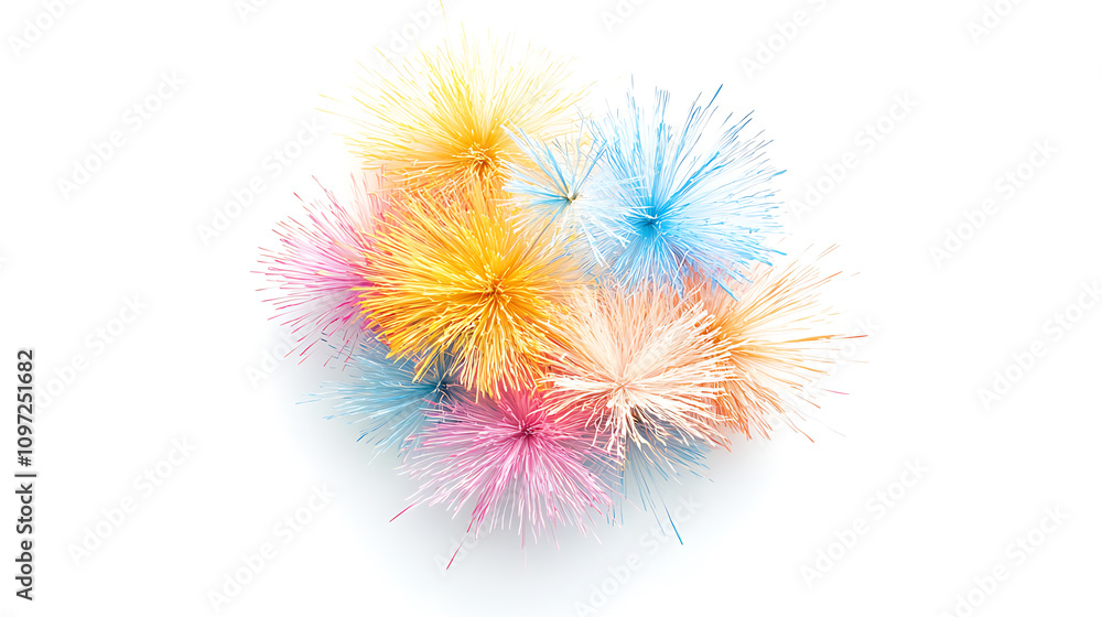 Fototapeta premium Colorful fireworks burst in vibrant shades of yellow, blue, pink, and orange, creating festive and joyful atmosphere. Perfect for celebrations and events