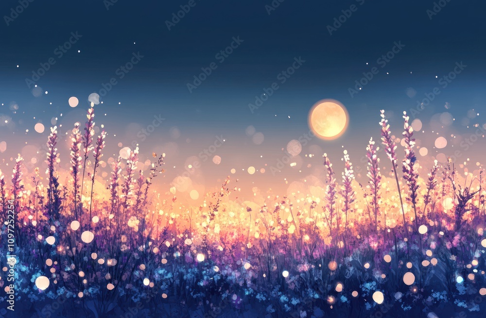 A field of tall grass glows with warm light under a full moon. A field of tall grass glows with warm light under a full moon.
