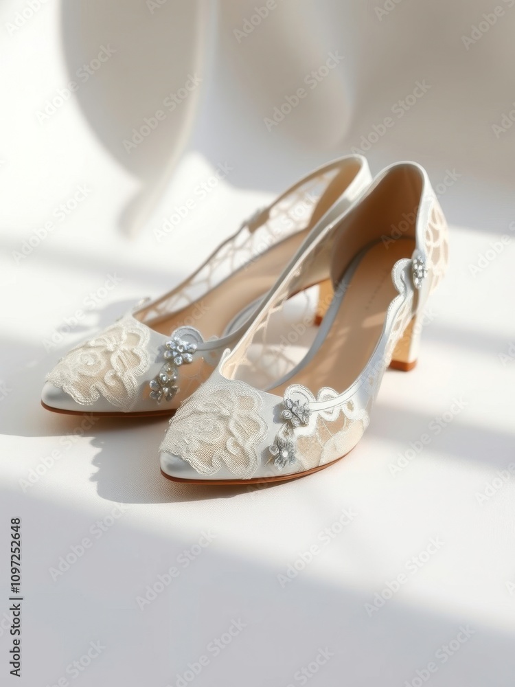 Beautiful wedding shoes on a white background with lace details, lace, traditional, white background, heels Beautiful wedding shoes on a white background with lace details, lace, traditional, white background, heels