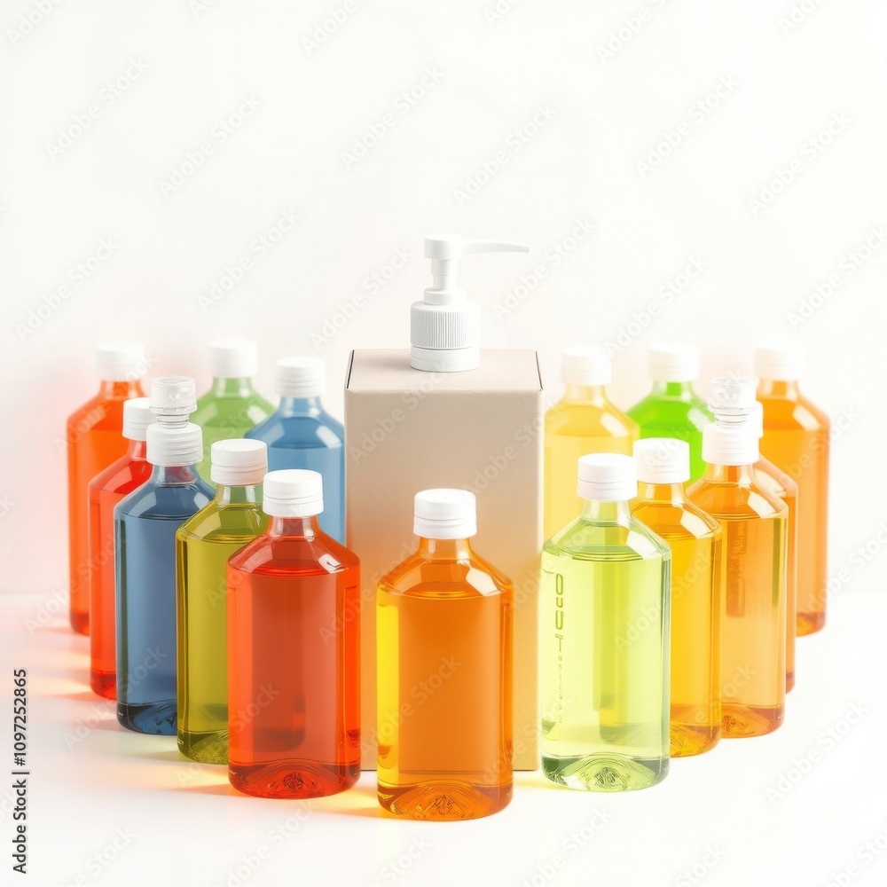 Individual bottles of liquid soap arranged around a central cardboard dispenser, grocery item, consumer goods, , plastic bottle Individual bottles of liquid soap arranged around a central cardboard dispenser, grocery item, consumer goods, , plastic bottle