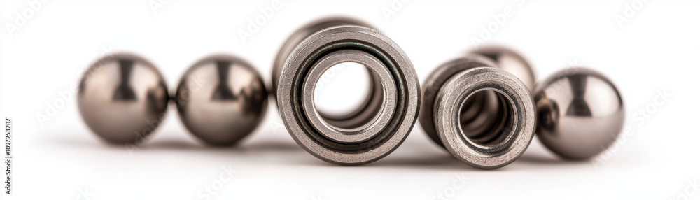A close-up view of metallic bearings and balls, showcasing their smooth surfaces and precision engineering. A close-up view of metallic bearings and balls, showcasing their smooth surfaces and precision engineering.