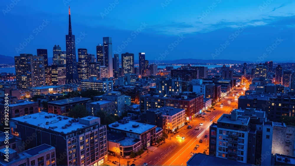 Fototapeta premium Generative AI, Dynamic Urban Skyline at Dusk