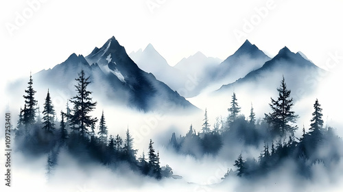 Misty Mountain Watercolor Illustration