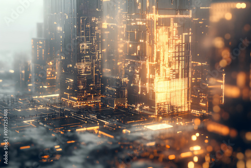 Futuristic Cityscape Illuminated with Golden Lights photo