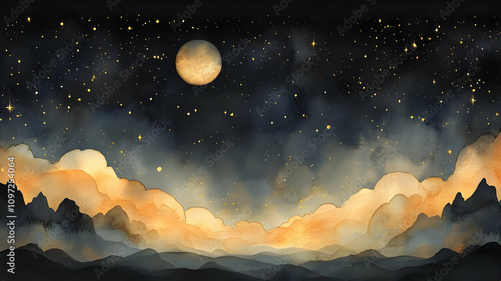 Celestial Mountain Range Watercolor Illustration Celestial Mountain Range Watercolor Illustration