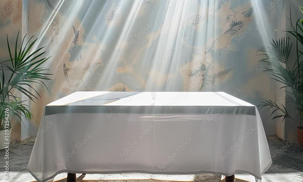 A large kitchen table covered with a white tablecloth A large kitchen table covered with a white tablecloth