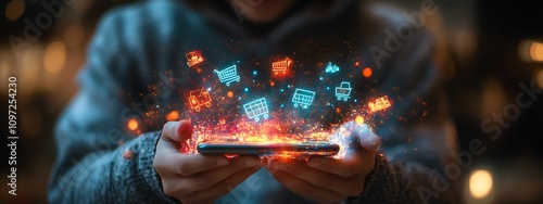  Smart retail technology and omnichannel concept. A person touching retail marketing icon on the virtual screen for channel E-commerce shopping. online retail shopping and omni-digital app design 

