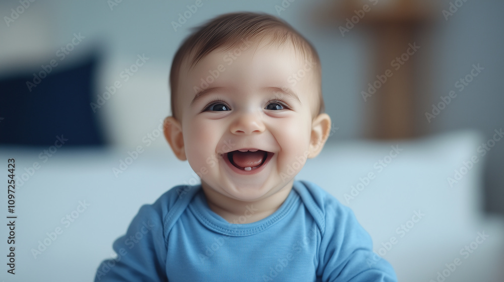 joyful baby boy with brown hair smiles brightly, wearing blue shirt. His cheerful expression radiates happiness in soft, cozy setting. joyful baby boy with brown hair smiles brightly, wearing blue shirt. His cheerful expression radiates happiness in soft, cozy setting.