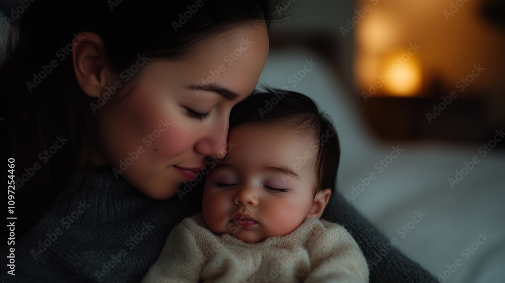 tender moment between mother and her sleeping baby, showcasing love and warmth. soft lighting enhances emotional connection. tender moment between mother and her sleeping baby, showcasing love and warmth. soft lighting enhances emotional connection.