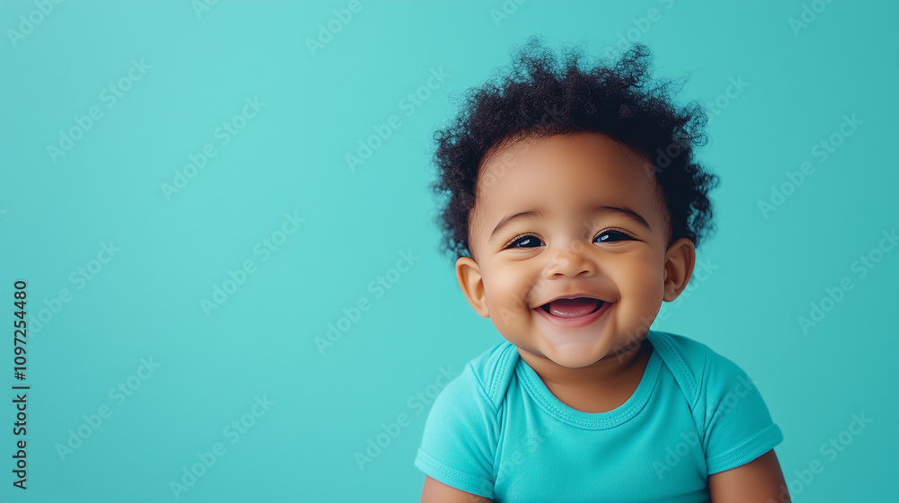 joyful baby with curly hair smiles brightly against turquoise background, radiating happiness and innocence. joyful baby with curly hair smiles brightly against turquoise background, radiating happiness and innocence.