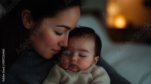 tender moment between mother and her sleeping baby, showcasing love and warmth. soft lighting enhances emotional connection. photo