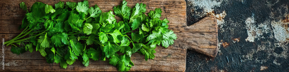 A freshly-picked bunch of cilantro, lovingly displayed on a vintage wooden cutting board. A freshly-picked bunch of cilantro, lovingly displayed on a vintage wooden cutting board.