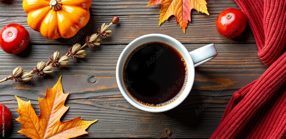 Autumn coffee with pumpkin and leaves on wooden table Autumn coffee with pumpkin and leaves on wooden table