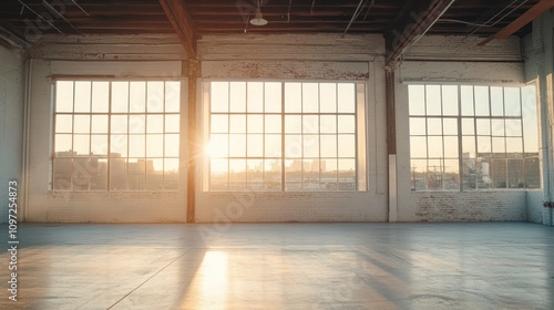 Empty industrial loft space with large windows and sunlight streaming in.