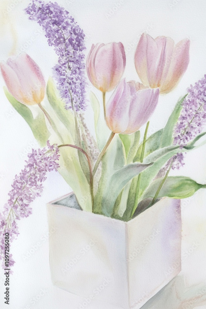 Obraz premium Elegant arrangement of pink tulips and lavender flowers in a white square vase, showcasing a fresh spring aesthetic. Perfect for home decor and floral themes.