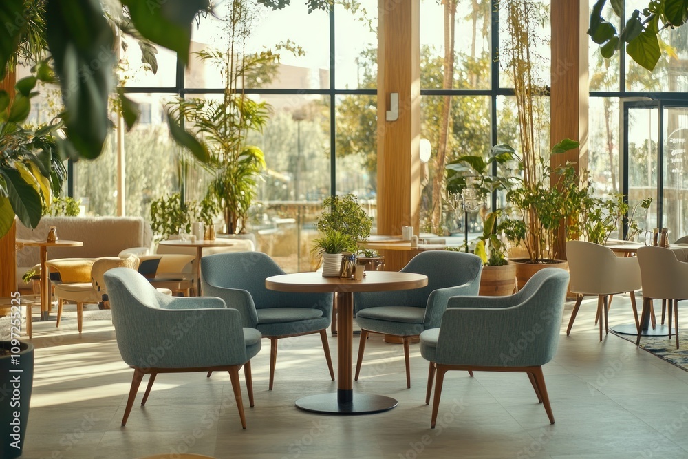 Modern cafe interior with large windows, wooden floors, and comfortable seating. Modern cafe interior with large windows, wooden floors, and comfortable seating.