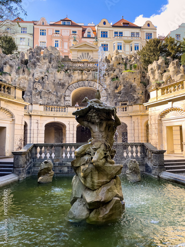 Prague, Czech republic - April 19, 2023. Hidden gem - grotta in Grebovka park in residential area