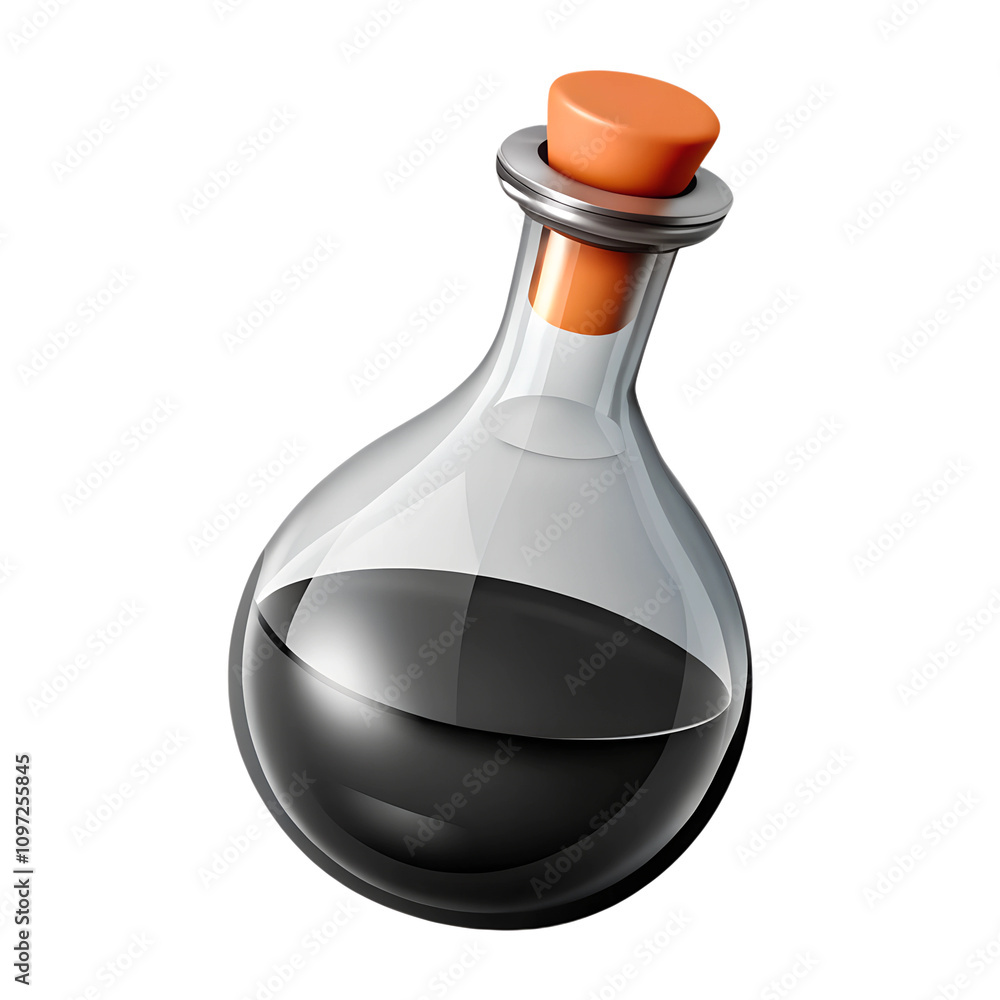 A transparent flask with an orange stopper, filled with a dark liquid, symbolizing experimentation or alchemy on a white background. A transparent flask with an orange stopper, filled with a dark liquid, symbolizing experimentation or alchemy on a white background.