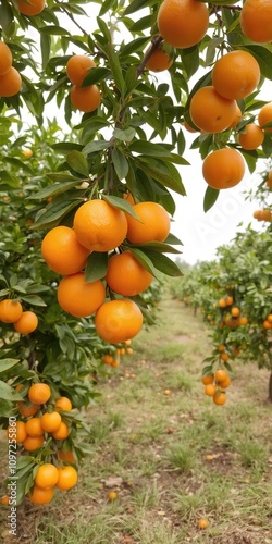 Vibrant orange fruit hanging on a tree branch in a lush orchard setting, agriculture, organic