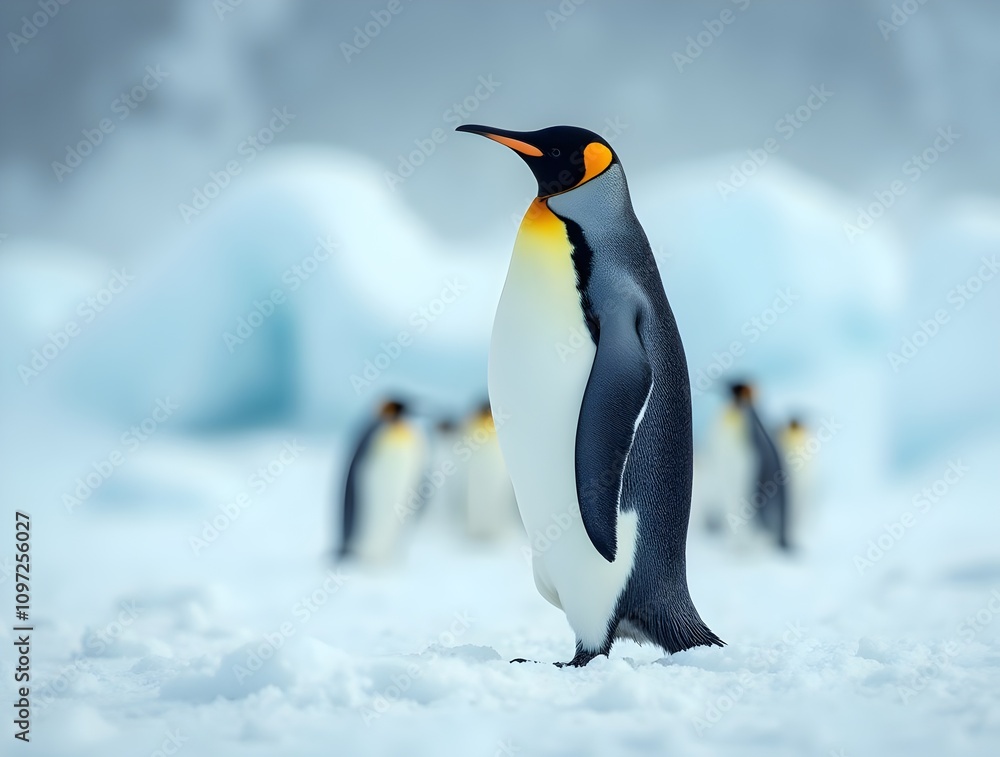 Fototapeta premium A penguin standing on a snowy ground with a blurred background of snow covered hills and mountains.