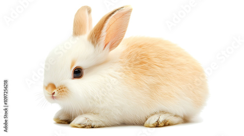 fluffy white bunny with light orange markings sits peacefully on white background, showcasing its adorable features and soft fur