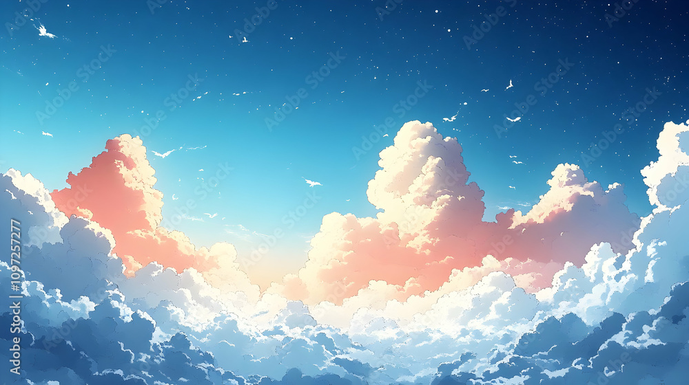 Dreamy Sky Illustration: Clouds, Birds, and Stars Dreamy Sky Illustration: Clouds, Birds, and Stars