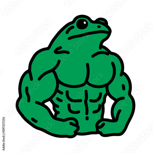 muscular frog showing muscles, funny doodle sketch, simple sticker design